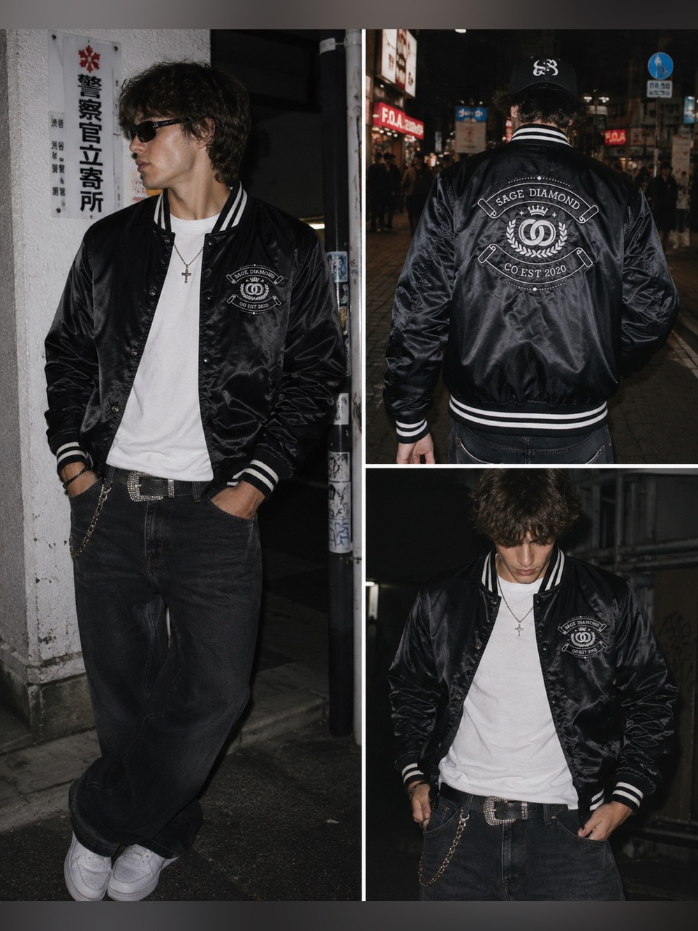 Sage Diamond Bomber Jacket Men's Medium Black Embroidered CO EST 2020 Streetwear - Picture 1 of 16